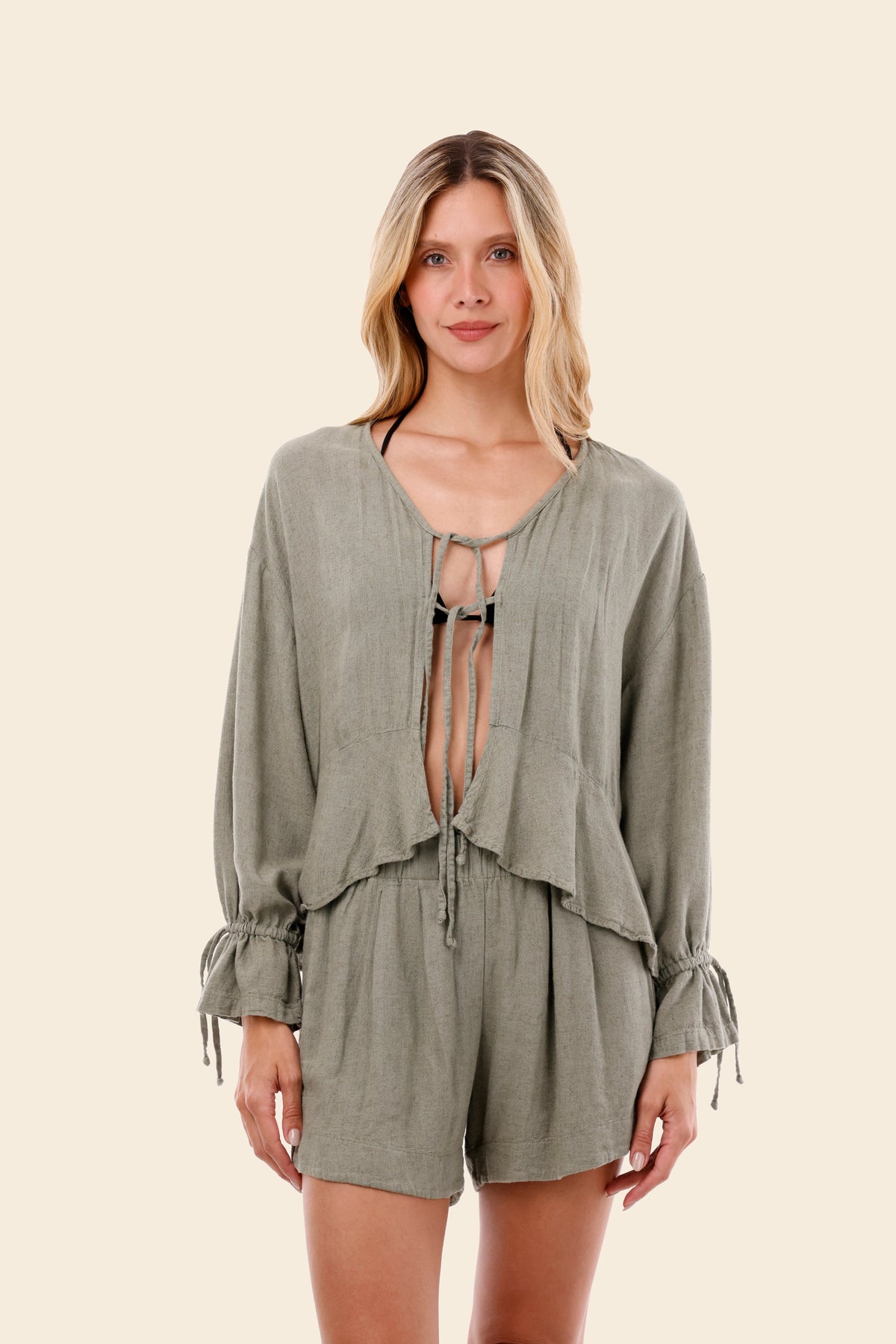 Serenity Green Linen Luster Ruffle Shirt