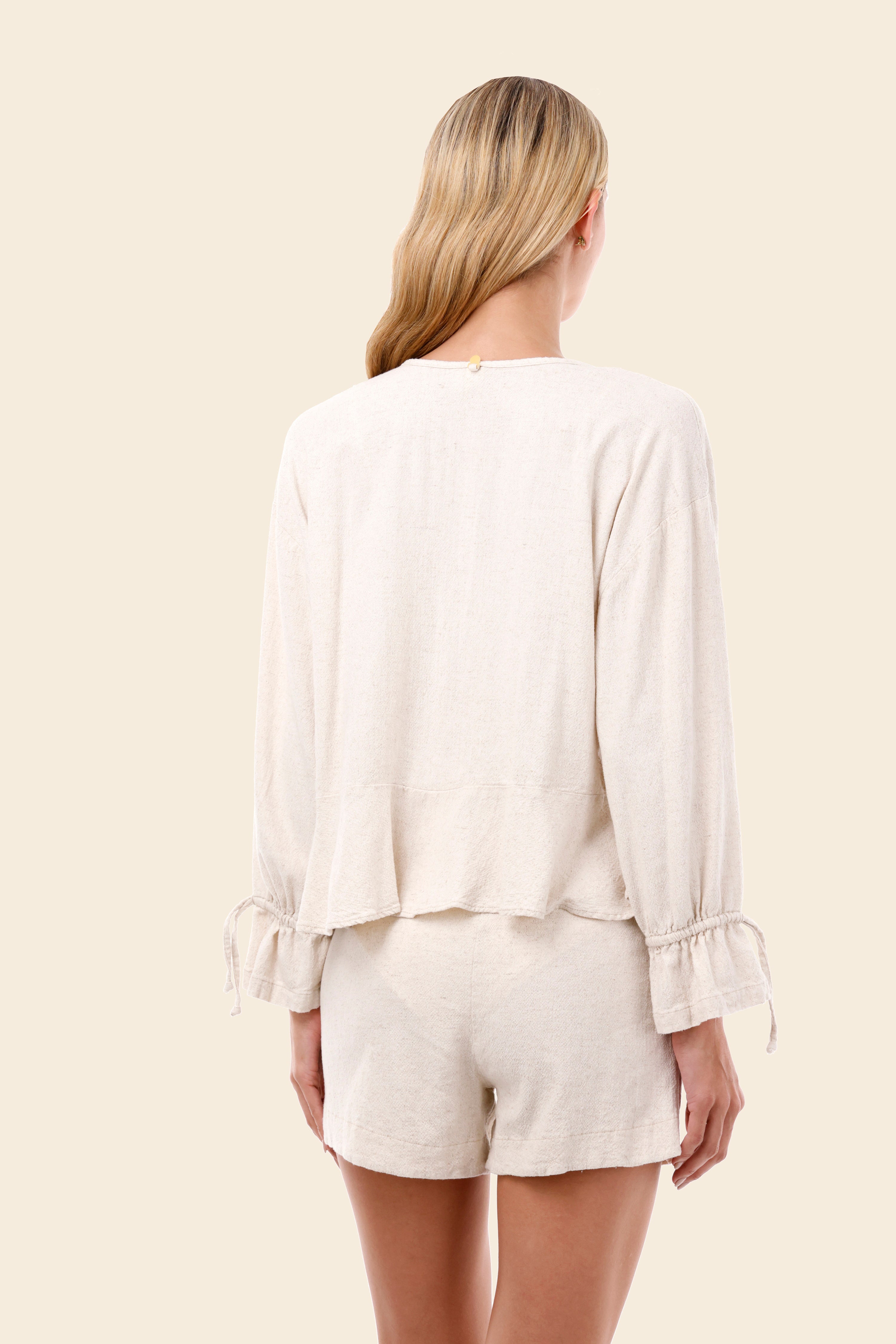 Ivory Linen Seed Luster Ruffle Shirt