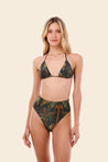 Woman wearing a tropical patterned bikini set 